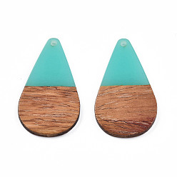 Turquoise Transparent Resin & Walnut Wood Pendants, Teardrop Shape Charm, Turquoise, 38x22x3mm, Hole: 2mm