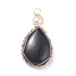 Obsidian Natural Obsidian Copper Wire Wrapped Pendants, with Grade A Natural Cultured Freshwater Pearl, Real 18K Gold Plated, Teardrop, 38~43x19~19.5x8~8.5mm, Hole: 3.5~3.8mm