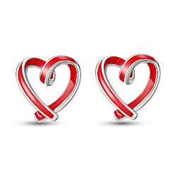 Silver SHEGRACE 925 Sterling Silver Stud Earrings for Women, Baking Painted, Heart, Silver Color Plated, Red, 9.5x9.5mm