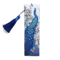 Peacock DIY Diamond Painting Stickers Kits For Bookmark Making, with Diamond Painting Stickers, Resin Rhinestones, Diamond Sticky Pen, Tassel, Tray Plate and Glue Clay, Rectangle, Peacock Pattern, 210x60mm