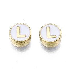 Letter L Des perles d'émail en alliage, sans cadmium et sans plomb, or et de lumière, rond et plat avec alphabet, blanc, letter.l, 8x4mm, Trou: 1.5mm