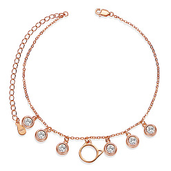 Rose Gold SHEGRACE 925 Sterling Silver Kitten Charm Anklets, with Grade AAA Cubic Zirconia, Cat Head Shape, Rose Gold, 8-1/4 inch(21cm), Cat: 10.7x10.3mm
