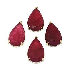 Dark Red Natural Jade Pendants, with Brass Findings, Faceted, teardrop, Dyed, Golden, Dark Red, 31.5~32.5x18~18.5x5.5~6mm, Hole: 1.4mm