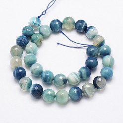 Blue Faceted Natural Agate Beads Strands, Dyed, Round, Grade A, Blue, 12mm, Hole: 2mm, about 32pcs/strand, 15 inch