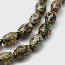 Dark Olive Green Tibetan Style 3-Eye dZi Beads Strands, Natural Agate Beads, Dyed & Heated, Barrel, Dark Olive Green, 12x8mm, Hole: 2mm, about 30pcs/strand, 13.9 inch(355mm)