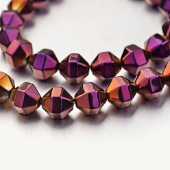 Purple Plated Electroplate Non-magnetic Synthetic Hematite Bead Strands, Polygon, Purple Plated, 8x8mm, Hole: 1mm, about 51pcs/strand, 15.7 inch