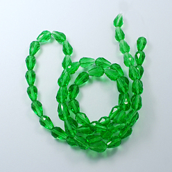 Green Glass Beads Strands, Faceted, teardrop, Green, 15x10mm, Hole: 2mm, about 48pcs/strand, 27.56 inch(70cm)