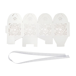 White Laser Cut Paper Hollow Out Heart & Flowers Candy Boxes, Square with Ribbon, for Wedding Baby Shower Party Favor Gift Packaging, White, 5x5x7.6cm