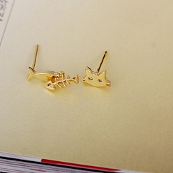 Golden Real 18K Gold Plated Brass Cubic Zirconia Kitten Dangle Stud Earrings, Cat and Fish, Asymmetrical Earrings, 15x11mm