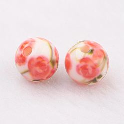 Coral Spray Painted Resin Beads, with Flower Pattern, Round, Coral, 10mm, Hole: 2mm