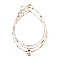 Golden Beaded Necklaces & Pendant Necklace Sets, with Brass Beads & Whale Tail Pendants, Natural Pearl Beads, Glass Beads, Shell Shape Alloy Charms and 304 Stainless Steel Lobster Claw Clasps, Light Salmon, Golden, 17.91 inch(45.5cm), 3pcs/set