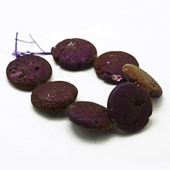 Purple Plated Electroplated Natural Druzy Geode Crystal Beads Strands, Flat Round, Dyed, Purple Plated, 30x7~8mm, Hole: 2mm, about 7pcs/strand, 8.26 inch(21cm)