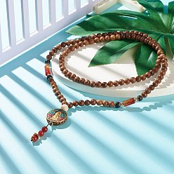 Brun De Noix De Coco Collier bouddhiste, plat rond avec collier pendentif guan yin, bijoux en pierres précieuses mixtes pour femmes, brun coco, 36.22 pouce (92 cm)