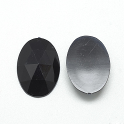 Noir Cabochons en acrylique strass dos plat, facette, argent fond plaqué, ovale, noir, 40x30x7~7.5mm
