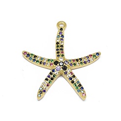 Golden Alloy Micro Pave Cubic Zirconia Pendants, Long-Lasting Plated, Starfish/Sea Stars, Colorful, Golden, 26x24x4mm, Hole: 1.2mm