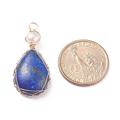 Lapis Lazuli Natural Lapis Lazuli Copper Wire Wrapped Pendants, with Grade A Natural Cultured Freshwater Pearl, Real 18K Gold Plated, Teardrop, 38~43x19~19.5x8~8.5mm, Hole: 3.5~3.8mm