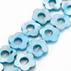 Deep Sky Blue Freshwater Shell Beads Frames Strands, Dyed, Flower, Deep Sky Blue, 14.5~15x15~16x2.5mm, Hole: 1mm, about 23pcs/strand, 13.19 inch(35cm)