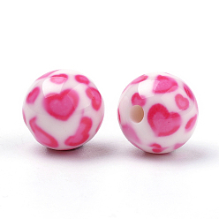 Rose Chaud Perles acryliques imprimés opaques, ronde avec motif coeur, rose chaud, 10x9.5mm, Trou: 2mm