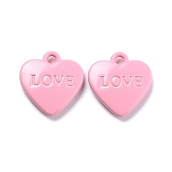 Pink Heart Alloy Spray Painted Charms, Word LOVE, Pink, 12x11.5x2.5mm, Hole: 1.4mm