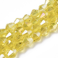 Champagne Yellow Electroplate Glass Beads Strands, AB Color Plated, Faceted, Bicone, Champagne Yellow, 7.5~8x7.5~8mm, Hole: 1.5mm, about 40pcs/strand, 11.81 inch