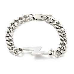 Stainless Steel Color 201 Stainless Steel Lighting Bolt Link Bracelet with Curb Chains for Women, Stainless Steel Color, 7-3/4 inch(19.8cm)