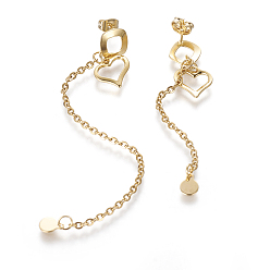Golden 304 Stainless Steel Stud Earrings, Hypoallergenic Earrings, Asymmetrical Earrings, with Cable Chains and Ear Nuts, Heart, Golden, 90mm and 50mm, Pin: 0.6mm