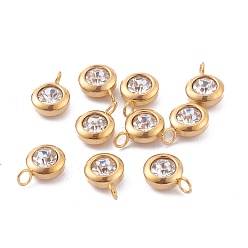 Crystal 304 Stainless Steel Rhinestone Charms, Birthstone Charms, Flat Round, Golden, Crystal, 9x6x4mm, Hole: 1.8mm