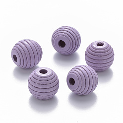 Lilac Painted Natural Wood Beehive European Beads, Large Hole Beads, Round, Lilac, 18x17mm, Hole: 4.5mm