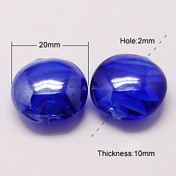Bleu Moyen  Perles lampwork, perles au chalumeau, faits à la main, nacré, plat rond, bleu moyen, 20x10mm