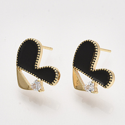 Real 18K Gold Plated Brass Enamel Stud Earring Findings, with Cubic Zirconia and Loop, Real 18K Gold Plated, Nickel Free, Heart, Clear, Black, 11.5x14mm, Hole: 0.8mm, Pin: 0.8mm