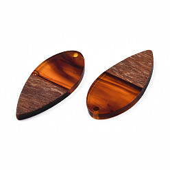 Chocolate Transparent Resin & Walnut Wood Pendants, Teardrop Shape Charm, Chocolate, 38x18x3mm, Hole: 2mm