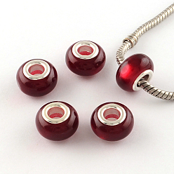 Rouge Foncé Résine des yeux de chat imitation perles européennes, perles de rondelle avec grand trou , avec noyaux en laiton plaqué couleur argent, rouge foncé, 13~14x9mm, Trou: 4.5~5mm