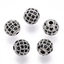 Platinum Rack Plating Brass Cubic Zirconia Beads, Long-Lasting Plated, Round, Platinum, 8x7mm, Hole: 2mm