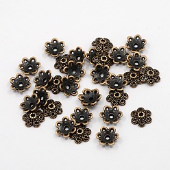 Red Copper Tibetan Style Alloy Bead Caps, Lead Free and Cadmium Free, Flower, 6-Petal, Red Copper, 9.5x10x3mm, Hole: 1.5mm