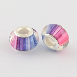 Mixed Color Large Hole Resin European Beads, with Silver Color Plated Brass Double Cores, Rondelle, Mixed Color, 14x9mm, Hole: 5mm