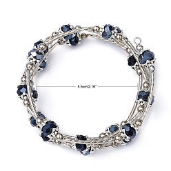 Black Fashion Wrap Bracelets, with Rondelle Glass Beads, Tibetan Style Bead Caps, Brass Tube Beads and Steel Memory Wire, Black, Inner Diameter: 55mm