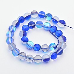 Blue Round Synthetic Moonstone Beads Strands, Holographic Beads, Dyed, Blue, 8mm, Hole: 1mm, about 45~47pcs/strand, 14~15 inch