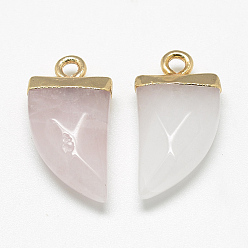 Misty Rose Natural Rose Quartz Pointed Pendants, with Brass Findings, Faceted, Tusk Shape, Golden, Misty Rose, 21x11x5.5mm, Hole: 2mm