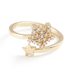 Настоящее золото 18K Регулируемые латунные кольца микро манжеты из прозрачного циркония, открытые кольца, звезда, долговечный, реальный 18 k позолоченный, Размер 7, внутренний диаметр: 17 мм
