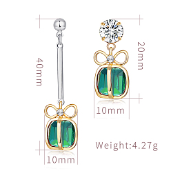 Green Brass Micro Pave Cubic Zirconia Dangle Stud Earrings, Asymmetrical Earrings, Cadmium Free & Lead Free & Nickel Free, Gift, Platinum & Golden, Green, 40x10mm, 20x10mm