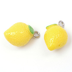 Jaune Citron pendentifs en résine, avec les accessoires en fer de tonalité de platine, jaune, 20~24x12x12mm, Trou: 2mm