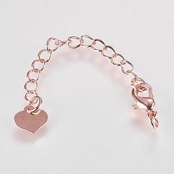 Real Rose Gold Plated Long-Lasting Plated Brass Chain Extender, with Lobster Claw Clasps and Heart Tips, Real Rose Gold Plated, 65x3mm, Hole: 2.5mm