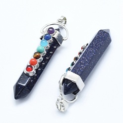 Blue Goldstone Chakra Jewelry, Synthetic Blue Goldstone Double Terminated Pointed Pendants, with Natural & Synthetic Mixed Stone Alloy Findings, Bullet, Platinum, 58~61x16.5~18x15.5~16mm, Hole: 4.5x7.5mm