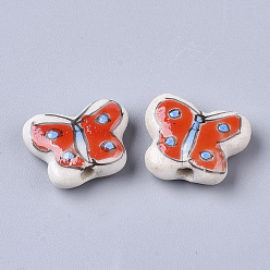 Red Handmade Porcelain Beads, Famille Rose Style, Butterfly, Red, 13~14x16~17x5.5mm, Hole: 1.5~1.8mm
