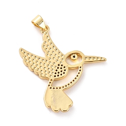 Pink Brass Micro Pave Clear Cubic Zirconia Pendants, with Enamel, Long-Lasting Plated, Real 18K Gold Plated, Bird, Pink, 33.5x31x2mm, Hole: 3x4mm