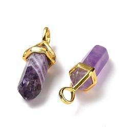 Amethyst Natural Amethyst Pendants, Faceted, with Golden Tone Brass Findings, Lead free & Cadmium Free, Bullet, 27~30x9~10x7~8mm, Hole: 4x3mm