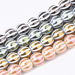 Couleur Mélangete Perles en verre electroplate, rond avec rayure, couleur mixte, 10x9.5mm, Trou: 1.2mm, Environ 30 pcs/chapelet, 11.2 pouce