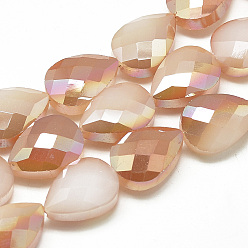 PeachPuff Electroplate Glass Beads Strands, Imitation Jade, Faceted, teardrop, PeachPuff, 18x13x8mm, Hole: 1mm, about 40pcs/27.7 inch