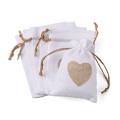 Белый Мешковины упаковочные пакеты, шнурок сумки, Прямоугольник с сердцем, белые, 14.2~14.5x10 см
