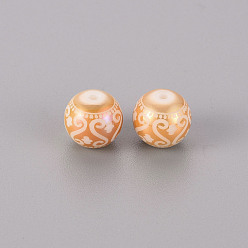 Rose Gold Plated Electroplate Glass Beads, Round with Patten, Rose Gold Plated, 10mm, Hole: 1.2mm